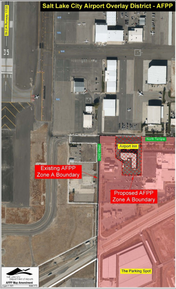 Aerial image with Airport Flight Path Protection Influence Zone A Overlay shaded red