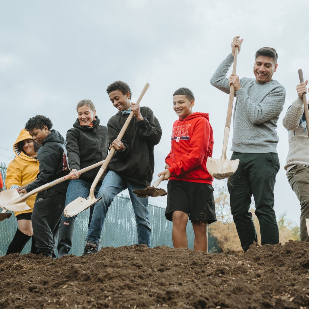 Council Member Puy, District 1 Council Member Petro, Salt Lake City Mayor Mendenhall, and others take part in the Glendale Park Groundbreaking by shoveling dirt.