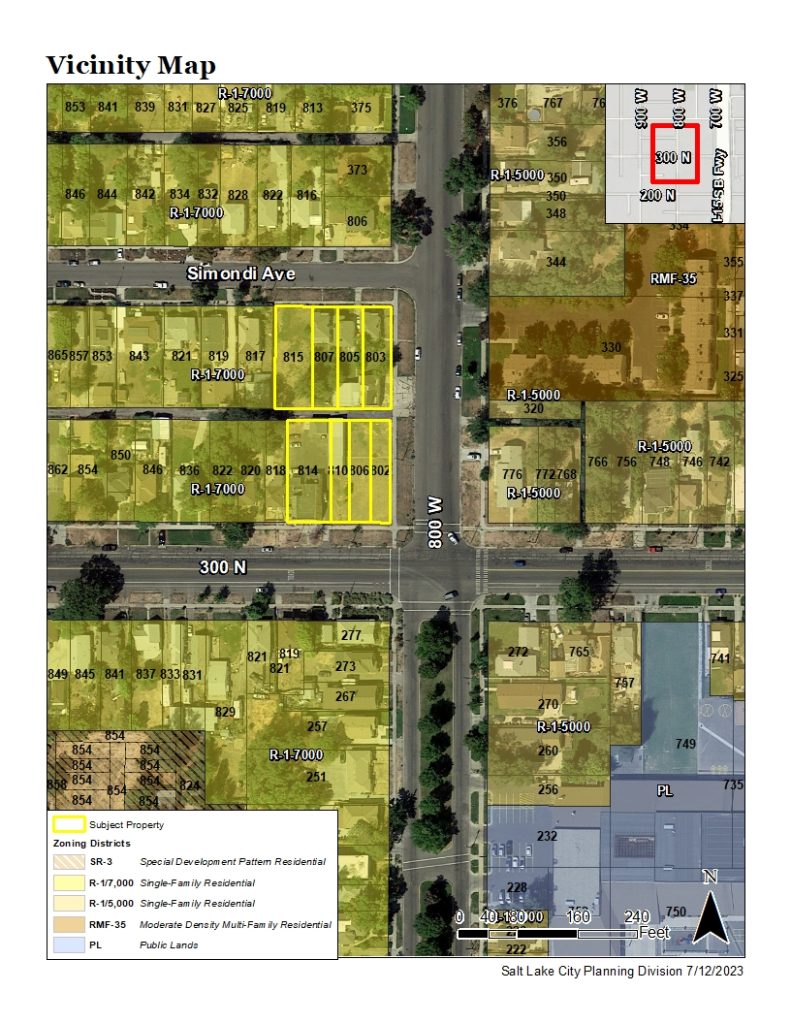 Aerial map depicting the property at 803, 805, 807, & 815 W Simondi Ave, and 802, 806, 810, & 814 W 300 N, that has been requested for rezone.