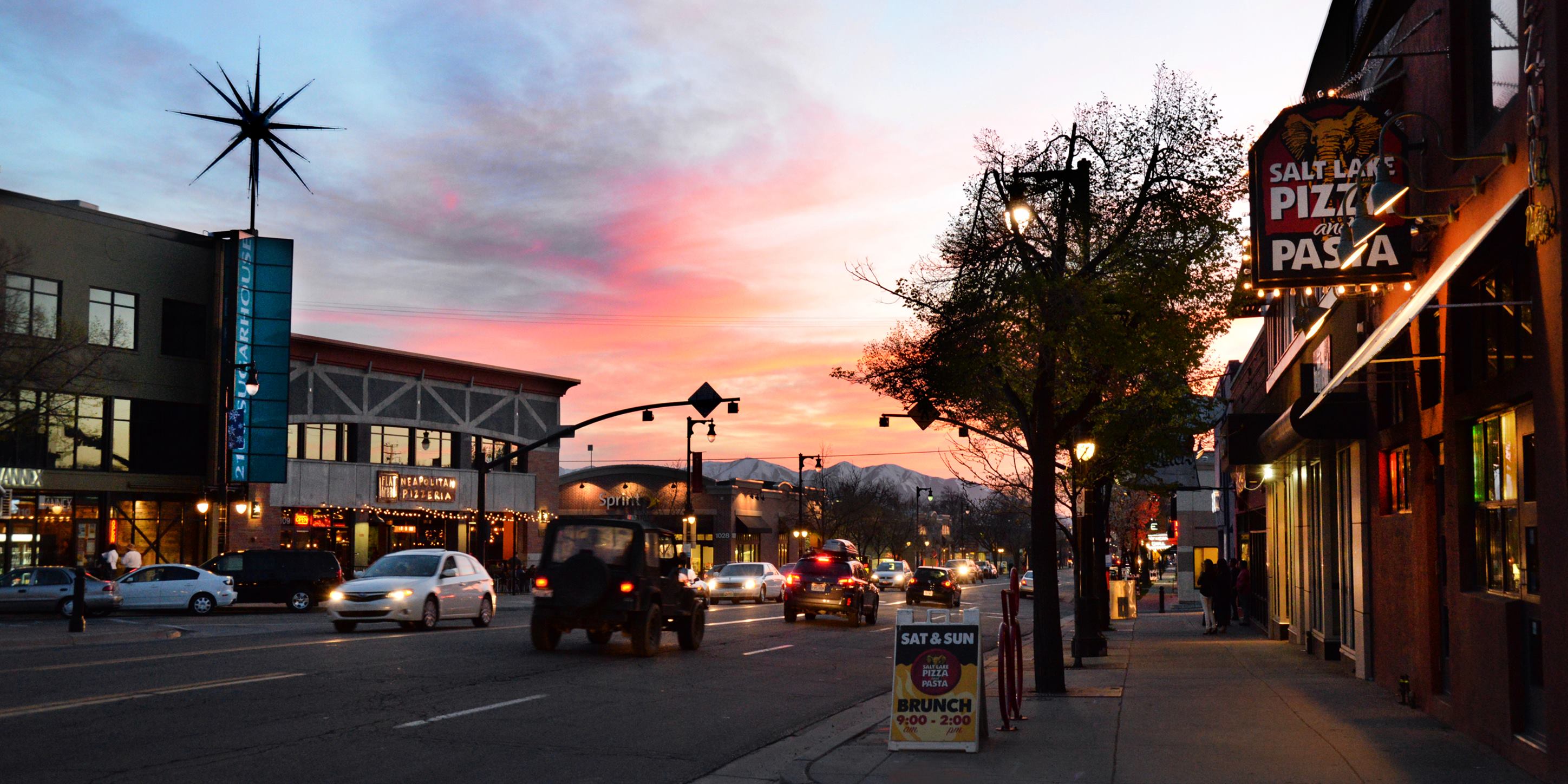 Sugar House Business District at dusk -photo courtesy of Laurie Bray