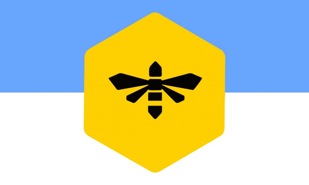 Flag finalist. Image of a flag one, a stylized black honeybee overlaying a golden honeycomb centered on horizontal bands of sky blue and white