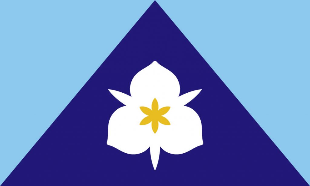 Flag design of a white and golden-yellow sego lily centered on an isosceles triangle of deep blue, under sky blue triangles.