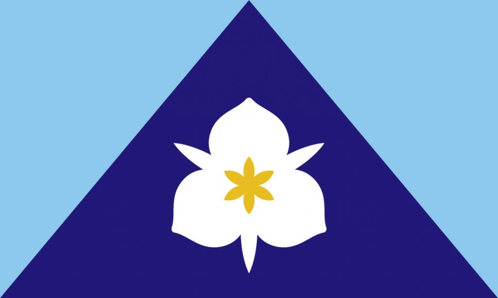 Flag design of a white and golden-yellow sego lily centered on an isosceles triangle of deep blue, under sky blue triangles.