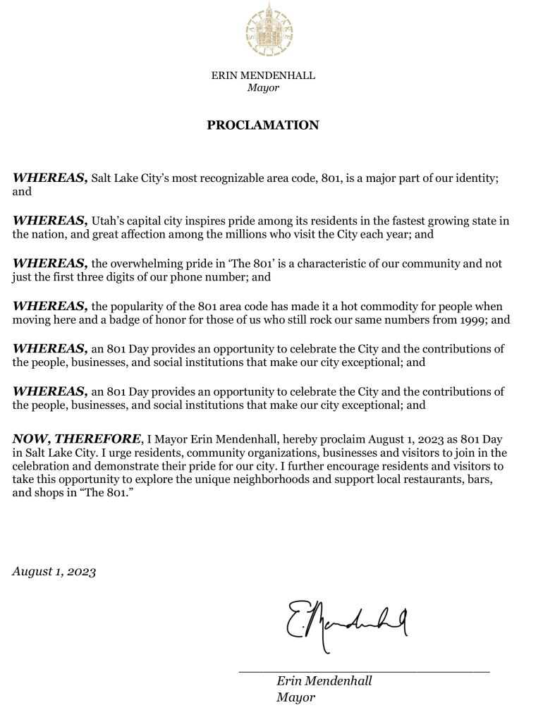 801 Day proclamation 2023