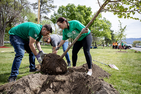 Volunteers plant 140 trees at Jordan Park with Salt Lake City Public Lands for Arbor Day.