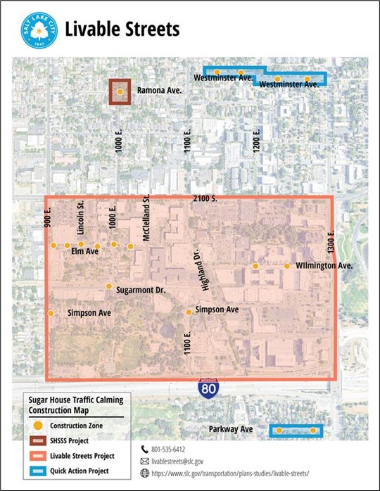 Map showing the construction zone for the Sugar House Traffic Calming project in Salt Lake City. The area is delineated by Elm Avenue, Kensington Avenue, and Wilmington Avenue, marked by a red rectangle. Notable streets such as Stratford Avenue and Simpson Avenue are visible. The map includes contact information and a website link at the bottom for more details.