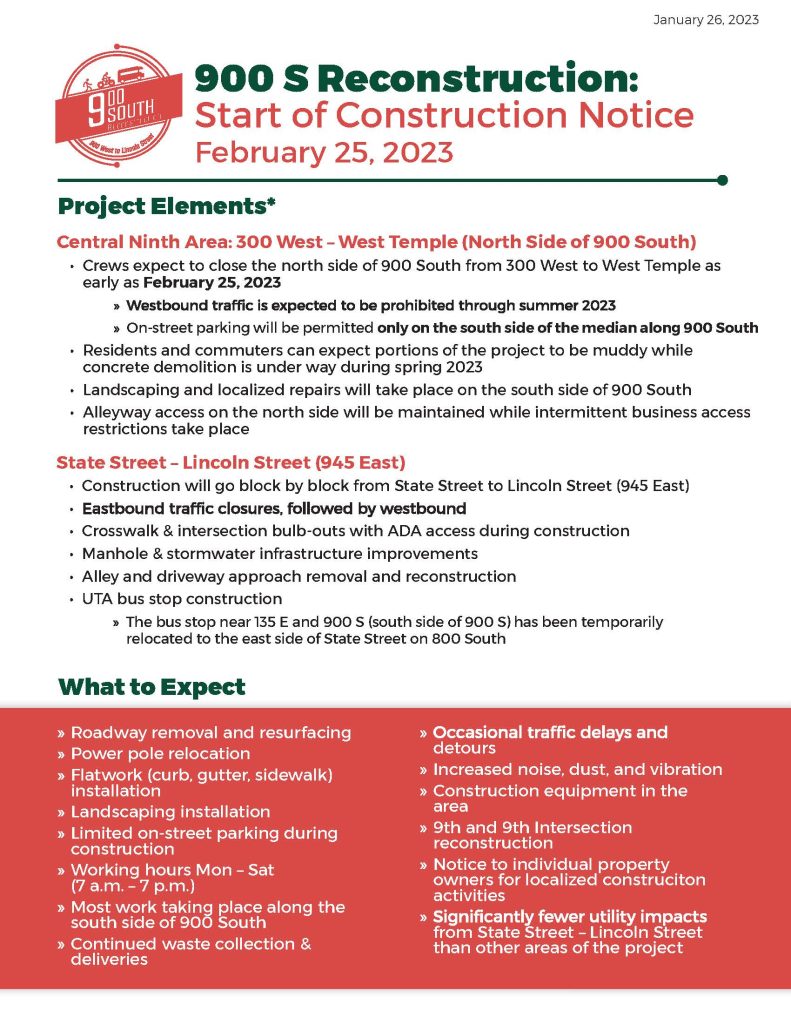 Page one of the 900 South construction update flyer from February 2023. 