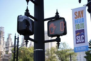 Close up view of a pedestrian countdown signal head.