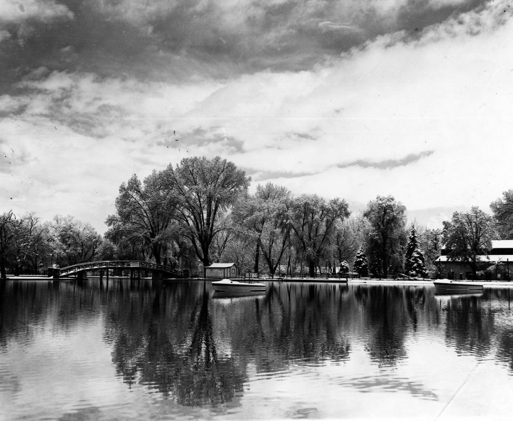 Historical black and white photo of the liberty park pond