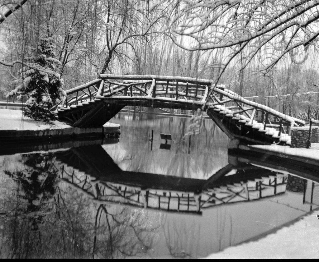 Historical black and white photo of a bridge over the liberty park pond