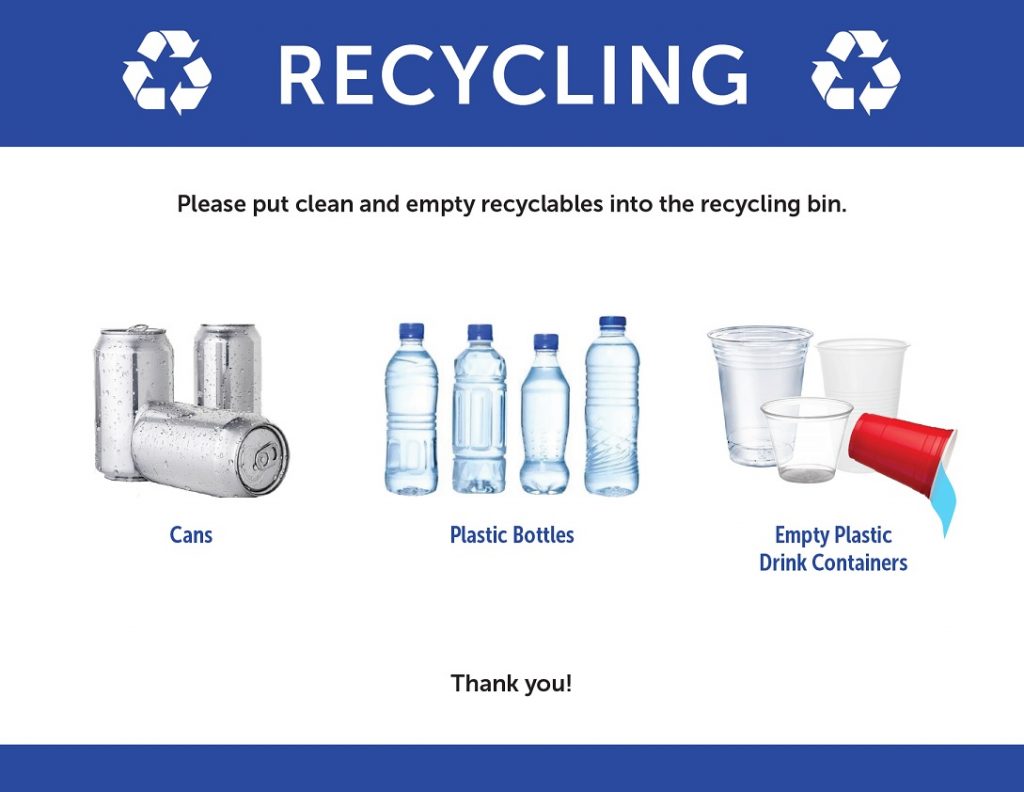 General event signage with cans, plastic water bottles, and plastic drink containers