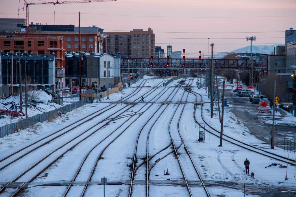 Snow-covered railroad tracks.