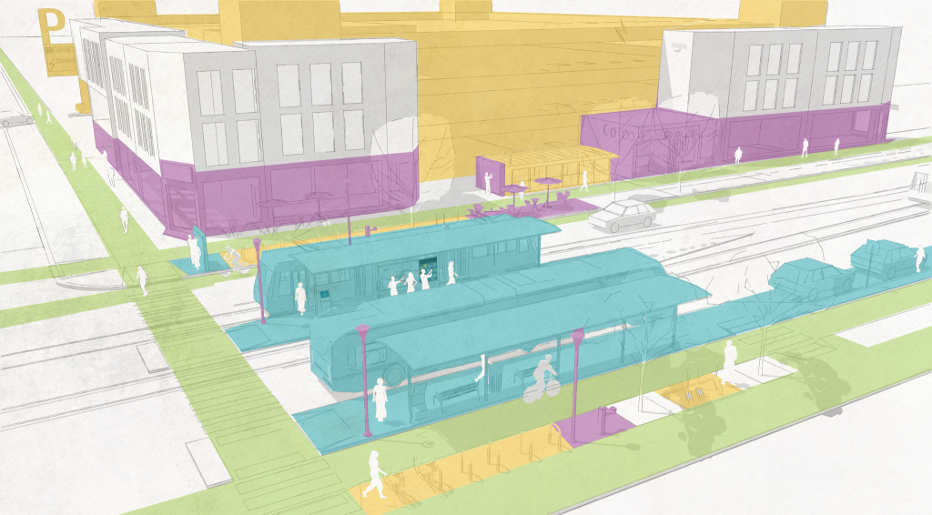 A colorful rendering of a mobility hub, complete with a streetcar, bus, bike lane, bike share station, sidewalks, and a vehicle travel lane. 