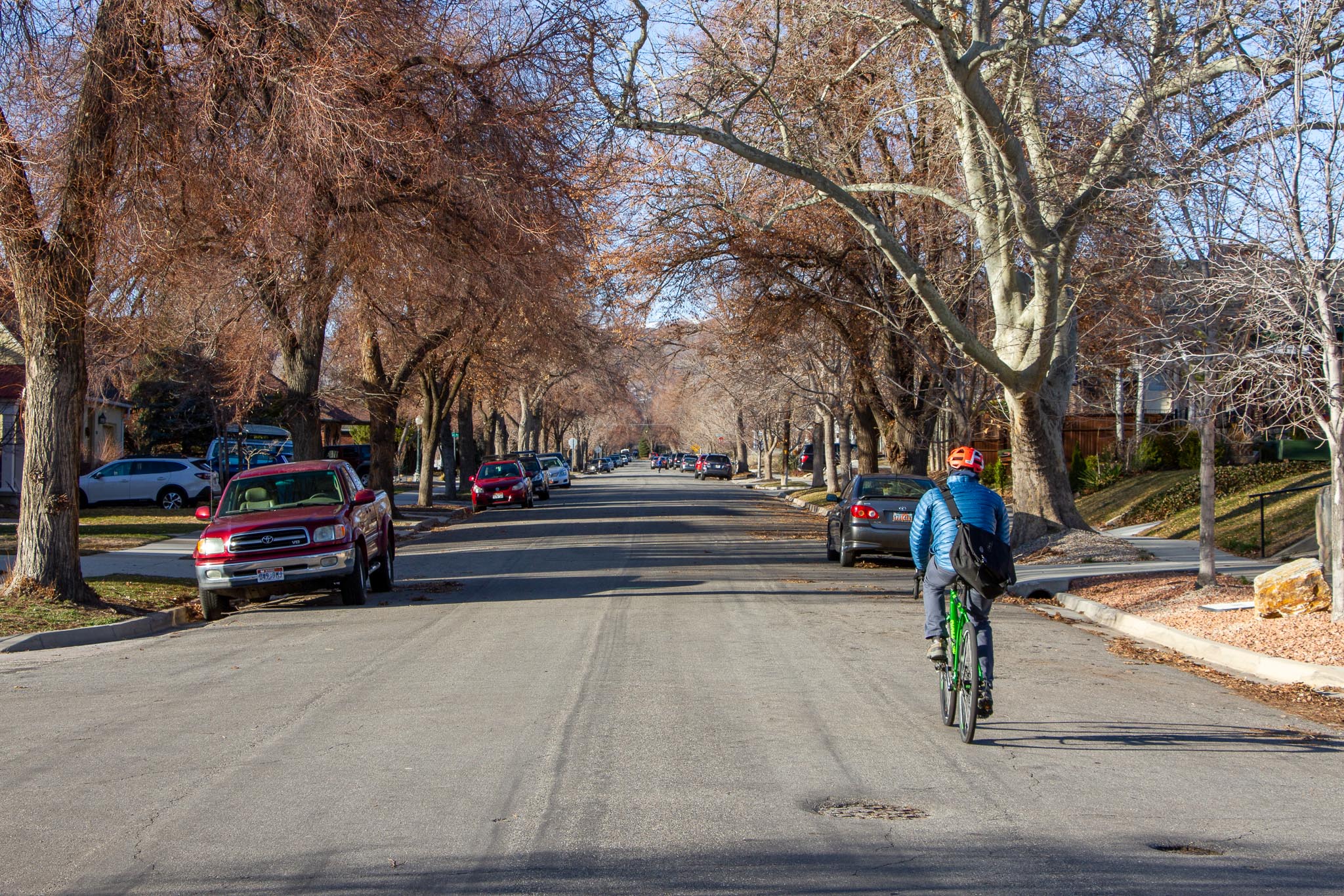 A cyclist riding on the Kensington to Sunnyside Neighborhood Byway