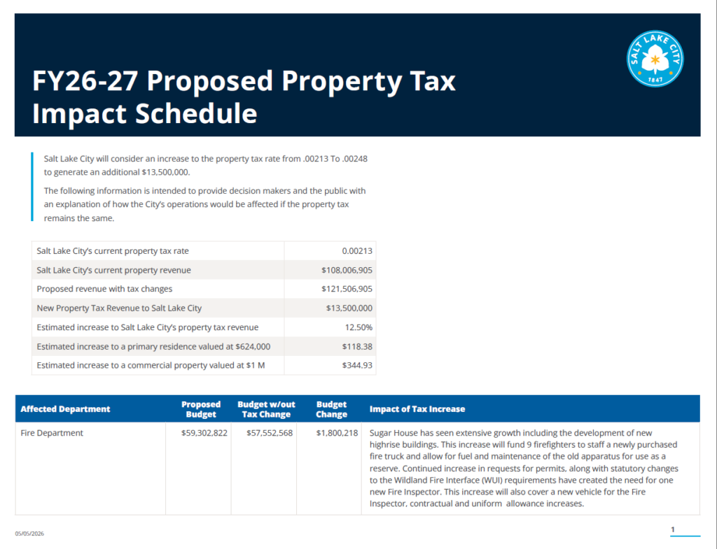 Page one of the proposed property tax impact schedule