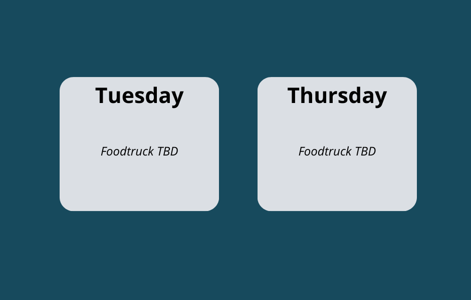 Tuesday's food truck: TBD
Thursday's food truck: TBD