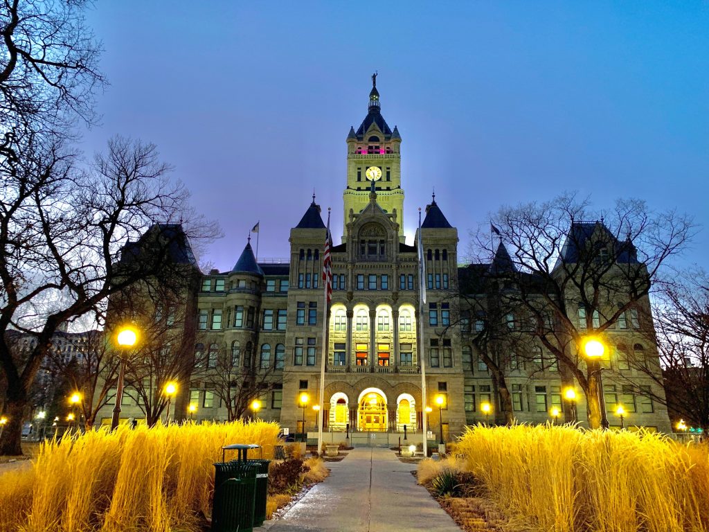 The Salt Lake City and County Building illuminated on January 19, 2021 to to honor the lives lost to COVID-19. Photo courtesy of SLCtv Media Services.