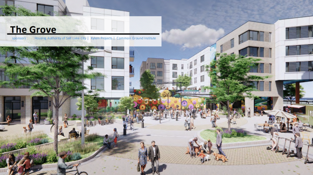 Long Description:
The image shows a lively outdoor plaza in an urban setting with multiple modern buildings in the background, characterized by white and gray facades and several windows. The plaza is bustling with people engaged in various activities such as walking, talking, and sitting on benches. There are several green trees and landscaped greenery, contributing a natural element to the scene. A colorful mural depicting large flowers brightens the background of the central structure, adding vibrancy to the area. To the right, a group is seen interacting with children playing near a tricycle. The sky is mostly clear with a few fluffy clouds, suggesting a sunny day.
Alt-text:
A bustling urban plaza with modern buildings, trees, people, and a vibrant flower mural.
Transcribed Text:
The Grove
sponsors | Housing Authority of Salt Lake City | Xylem Projects | Common Ground Institute