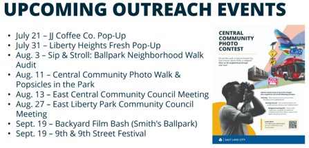 A promotional graphic listing upcoming outreach events with a contest illustration featuring a person taking a photo on the right side.