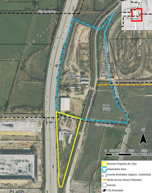 Arial map of location of the proposed rezone. Includes boundaries for Salt Lake City and Davis County.