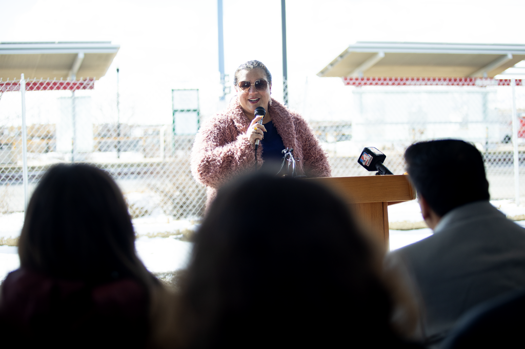 Council Member Victoria Petro speaking at the groundbreaking ceremony for the SPARK! Mixed Use Development project