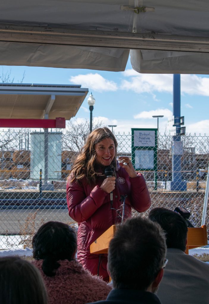 Salt Lake City Mayor Erin Mendenhall speaking at the groundbreaking ceremony for the SPARK! Mixed Use Development project