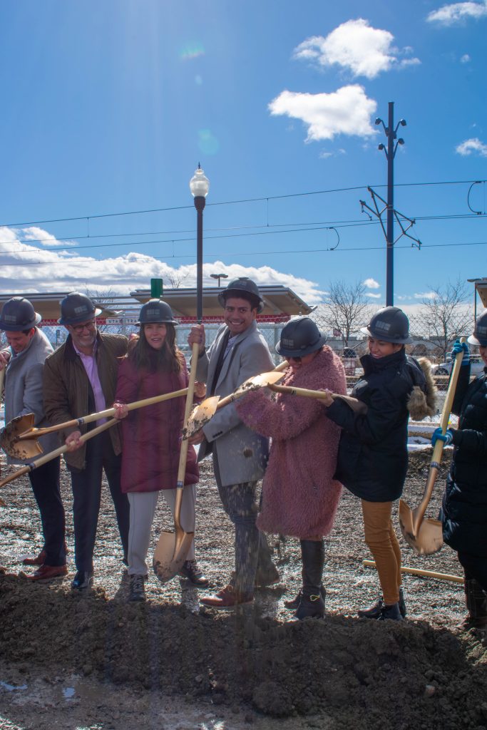 Salt Lake City Mayor Erin Mendenhall, District 2 Council Member Alejandro Puy, District 1 Council Member Victoria Petro, District 4 Council Member Ana Valdemoros, and other shovel the first dirt for the SPARK! Mixed Use Development project.
