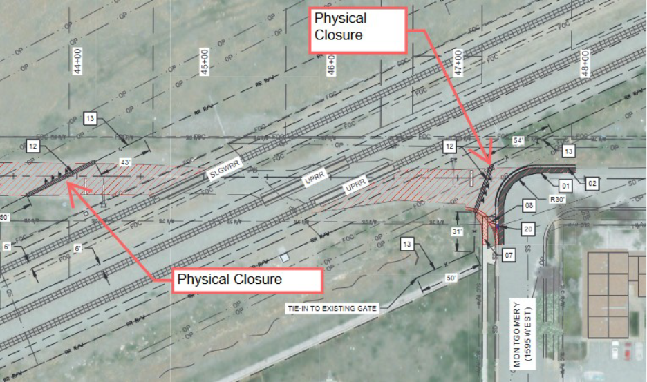 Map showing railway tracks with sections marked for physical closure and road labeled as "Montgomery."
Transcribed Text:
Physical Closure
Physical Closure
MONTGOMERY (10600 WEST)
TIE-IN TO EXISTING GATE