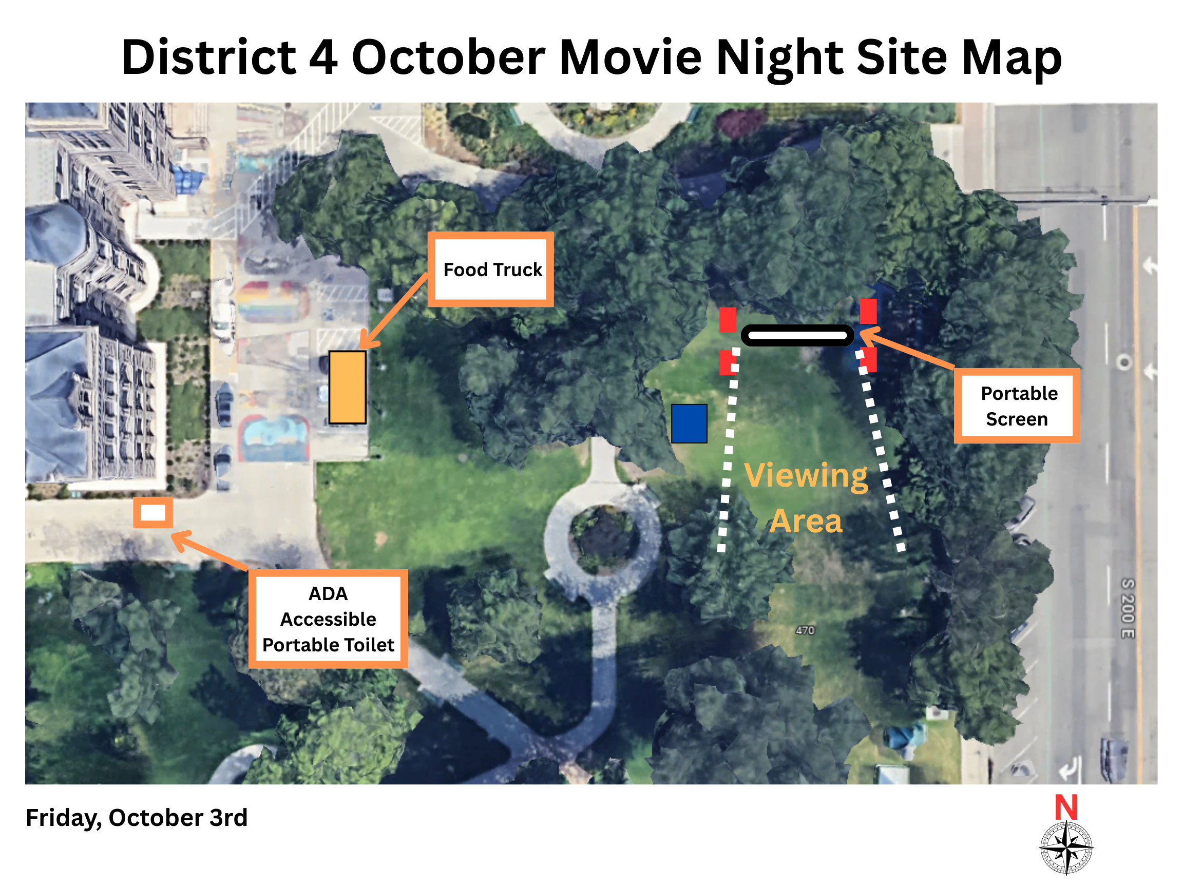 District 4 October Movie Night Map. Food Truck. ADA Accessible Portable Toilet. Viewing Area. Portable Screen.