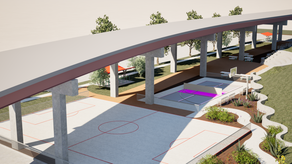 3D rendering of an underpass with pickleball and futsal courts underneath