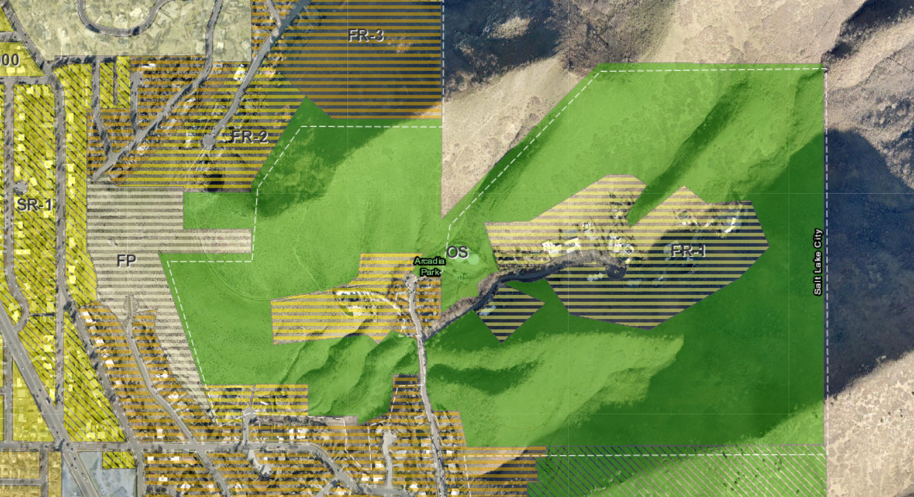 Satellite image of the East Bench Preserve Area with color overlay showing the open space available for the public and the private residential areas.