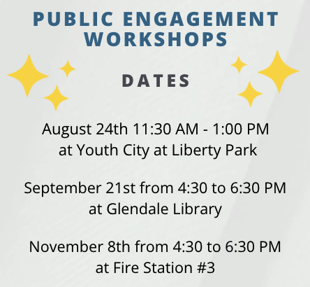 Public Workshop Dates:

August 24th from 11:30 AM to 1:00 PM at Youth City at Liberty Park

September 21st from 4:30 to 6:30 PM at Glendale Library

November 8th from 4:30 to 6:30 PM at Fire Station #3