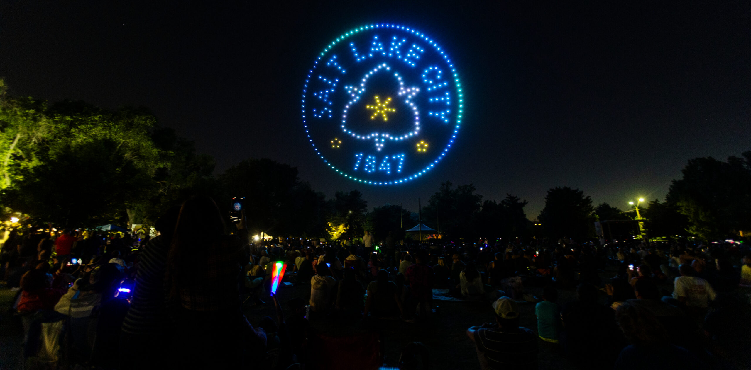 Drone show in the shape of the blue, Slat lake city, sego lily seal