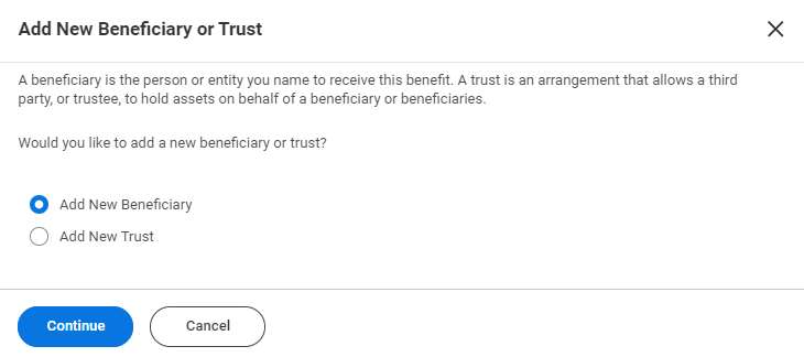 Add beneficiary or trust confirm