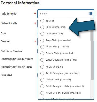 Unmarried child selection in Workday