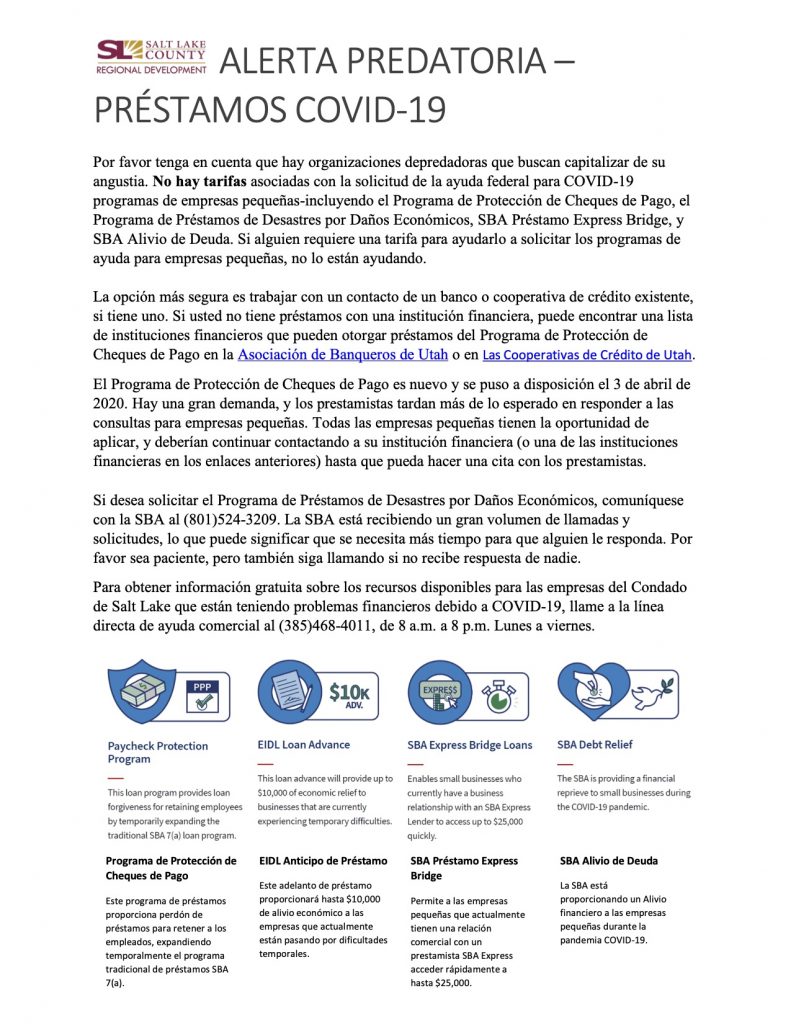 Hoja de información sobre Alerta Predatoria y prestamos fraudes durante esta pandemia de COVID-19. Publicado por el Condado de Salt Lake. 