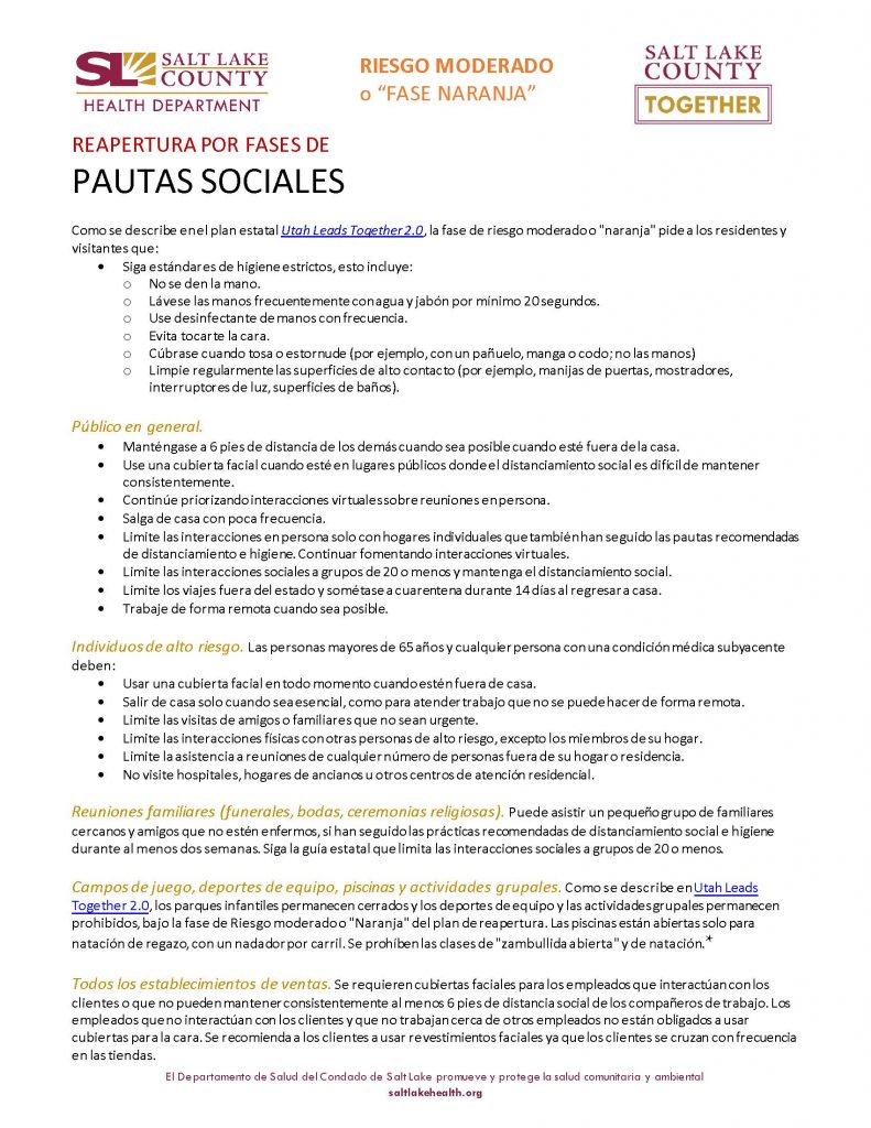 Documento de reapertura a nivel de riesgo moderado o fase naranja. Presenta lista de pautas sociales par residentes y visitantes.