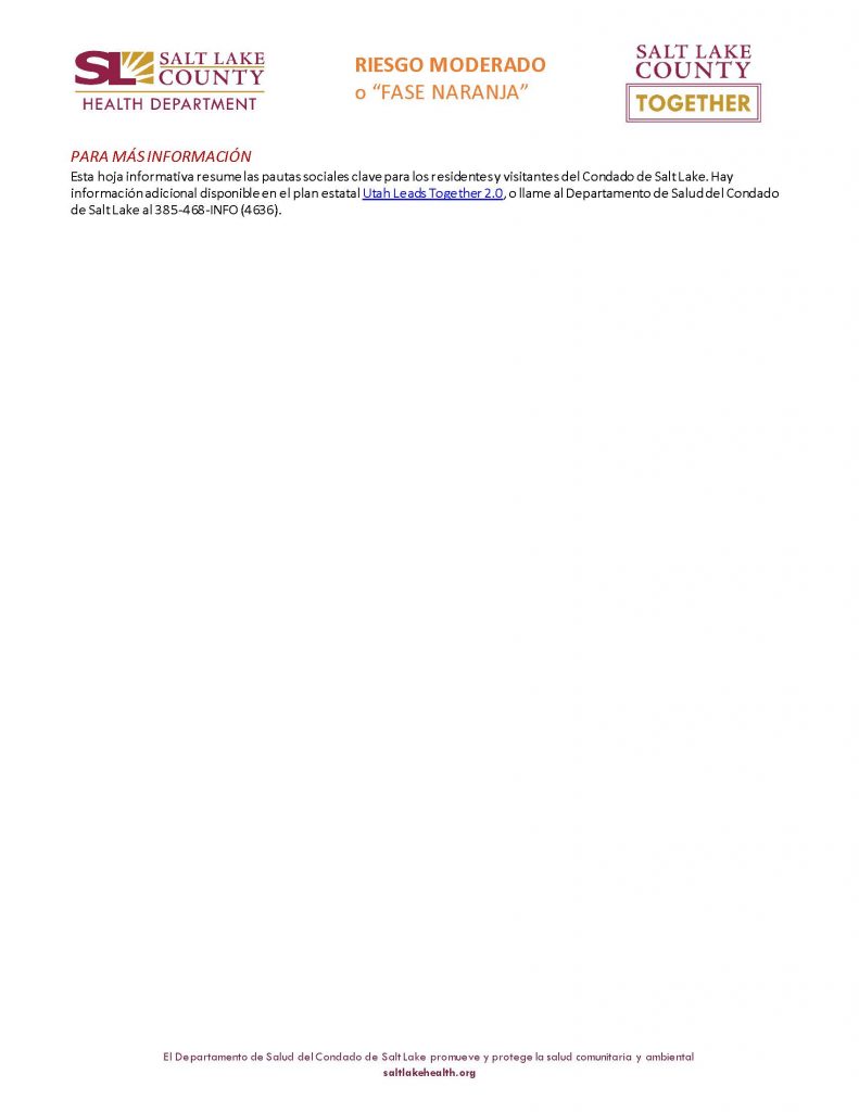 Documento de reapertura a nivel de riesgo moderado o fase naranja. Presenta lista de pautas sociales par residentes y visitantes.