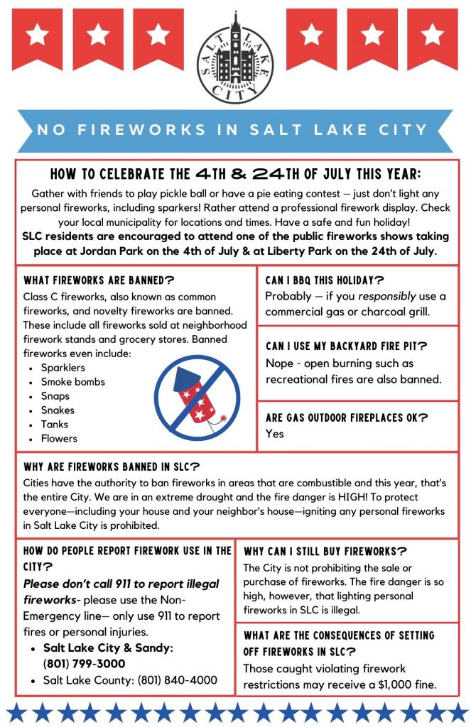 Picture of flyer detailing that personal fireworks are banned in SLC and information on how to celebrate the 4th and 24th of July in 2021. 