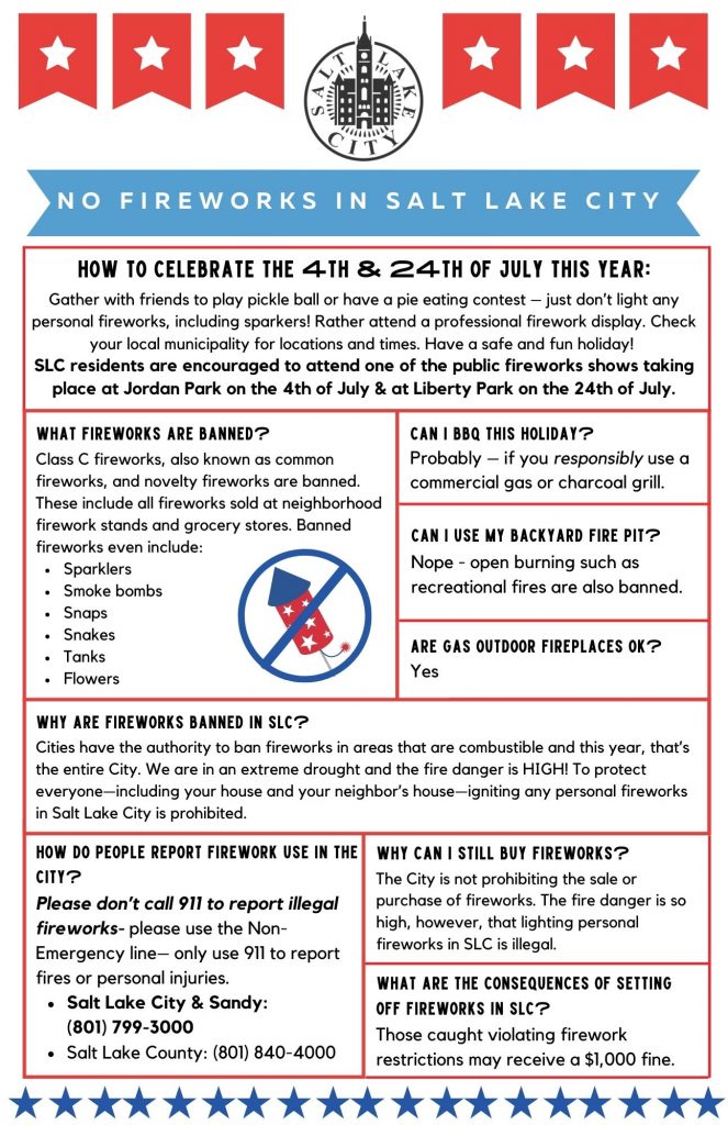 Picture of flyer detailing that personal fireworks are banned in SLC and information on how to celebrate the 4th and 24th of July in 2021.