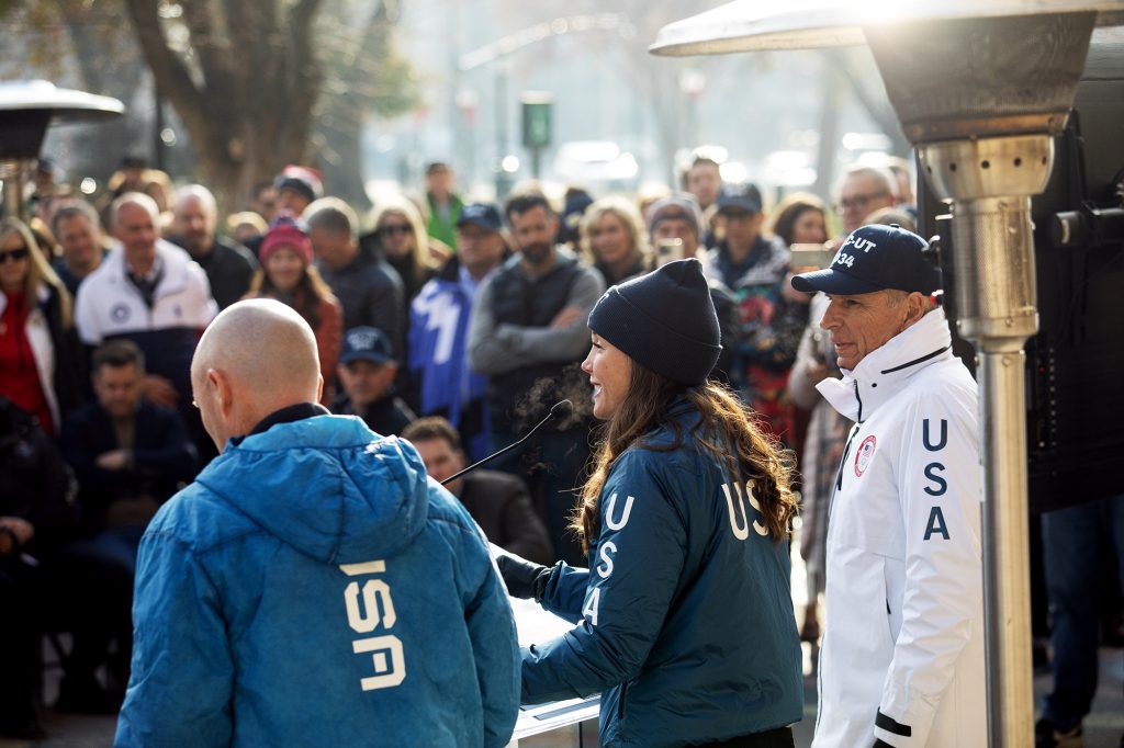 Salt Lake City Mayor Erin Mendenhall and Utah Governor Spencer Cox (left) and Fraser Bullock (right) announce that Salt Lake City is the preferred host for the 2034 Winter Games.