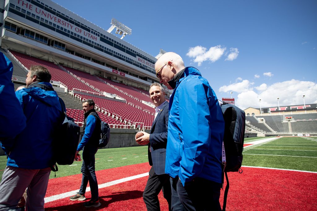 Delegates of the IOC take a tour of Rice-Eccles Stadium at the University of Utah during a site visit to Salt Lake City in April 2024.