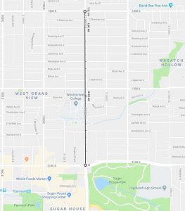 Map highlighting the extent of the 1300 East reconstruction project, from 1300 South to 2100 South.