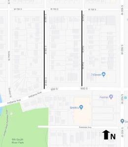 Map showing the 2019 reconstruction project limits on Post Street and 1000 West between 700 South and 800 South in Salt Lake City. Highlighted segments indicate the areas improved as part of a combined street reconstruction effort.