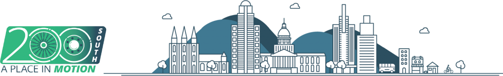 Stylized cityscape with a "200 South" logo and buildings, including the Salt Lake City skyline.