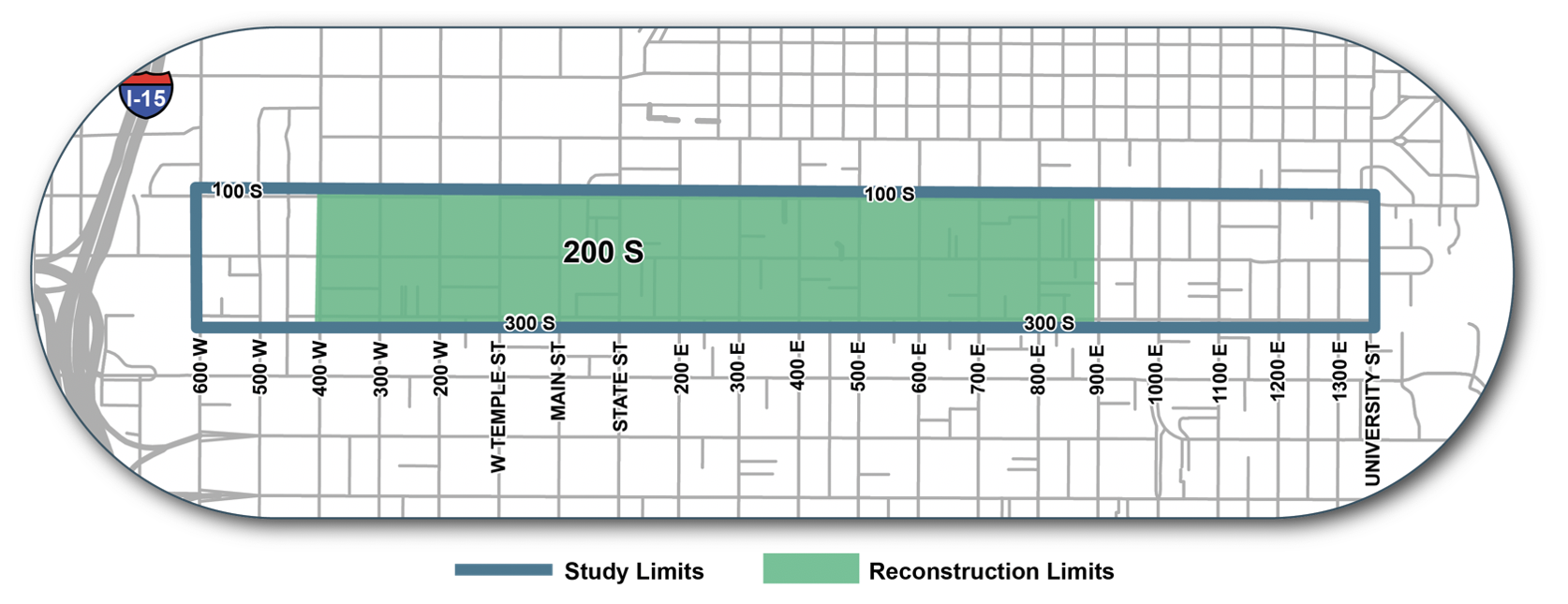 Map of the project area with two rectangular boundaries. One that runs from 600 West to University Street and another from 400 West to 900 East. 