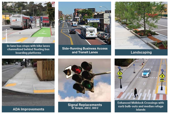 In-lane bus stops with bike lanes channelized behind floating bus boarding platforms, side-running business access and transit lanes, landscaping, ADA improvements, signal replacements, enhanced midblock crossings with curb bulb-outs and median refuge islands.