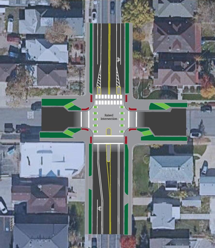 An aerial map depicting the street design changes at the intersection of Harrison Avenue and 1100 East.