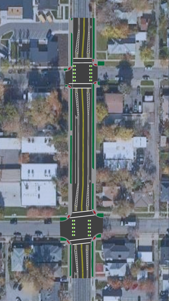 An aerial map depicting the proposed design for 1100 East between Roosevelt Avenue and Emerson Avenue.