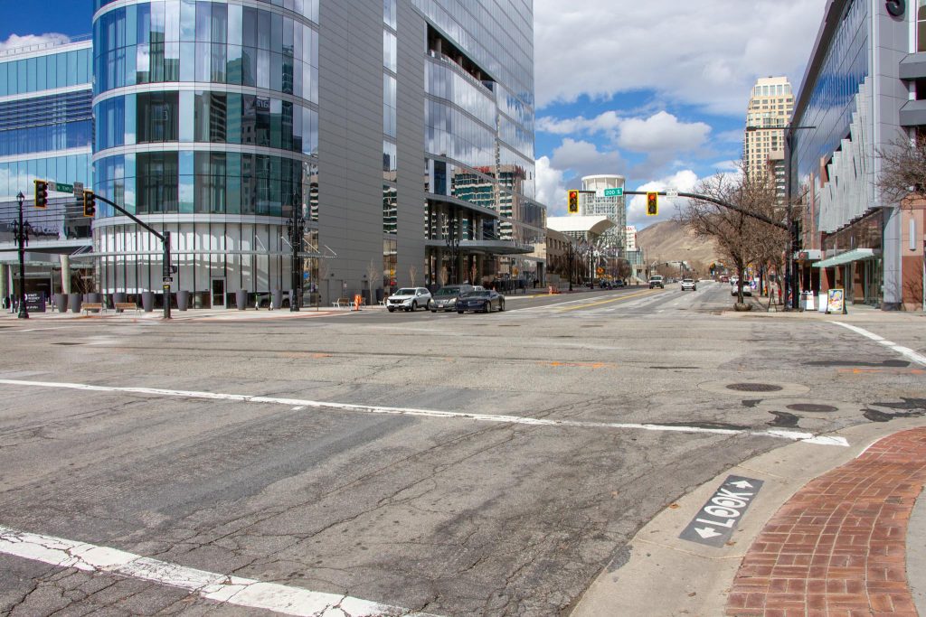 The West Temple and 200 South intersection with the new Salt Palace Convention Center hotel in the background.